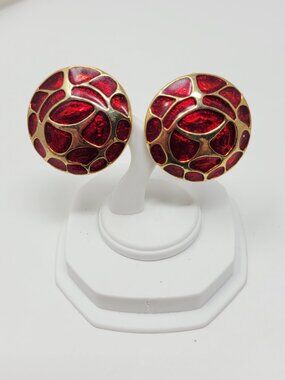 Vintage Gold Tone Ruby Red Enamel Mosaic Clip On Statement Earrings